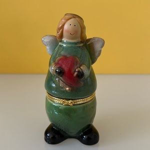 Greenbrier Intl Porcelain Christmas Angel w/Heart of Joy, Trinket Box Holder